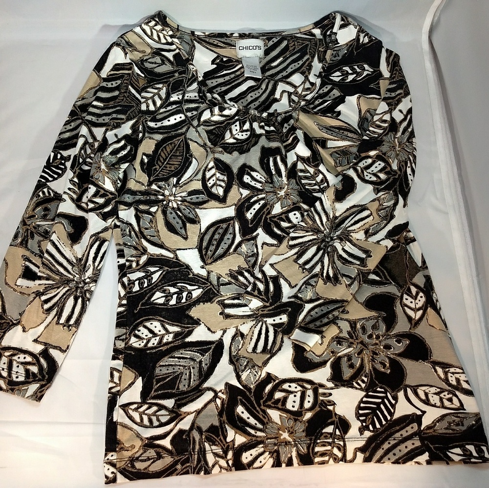 Chico's Womens Brown Floral 3/4 Sleeve Shirt SZ 0